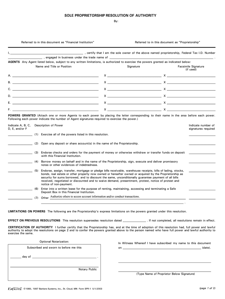  Sole Proprietery Resolution of Authority 2003-2024