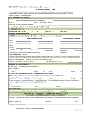 HEALTH REQUIREMENTS FORM Promedicaorg