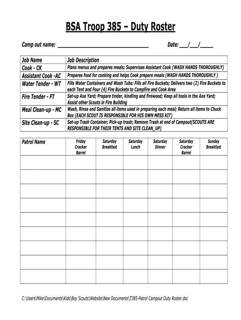 Boy Scouts Blank Duty Roster  Form