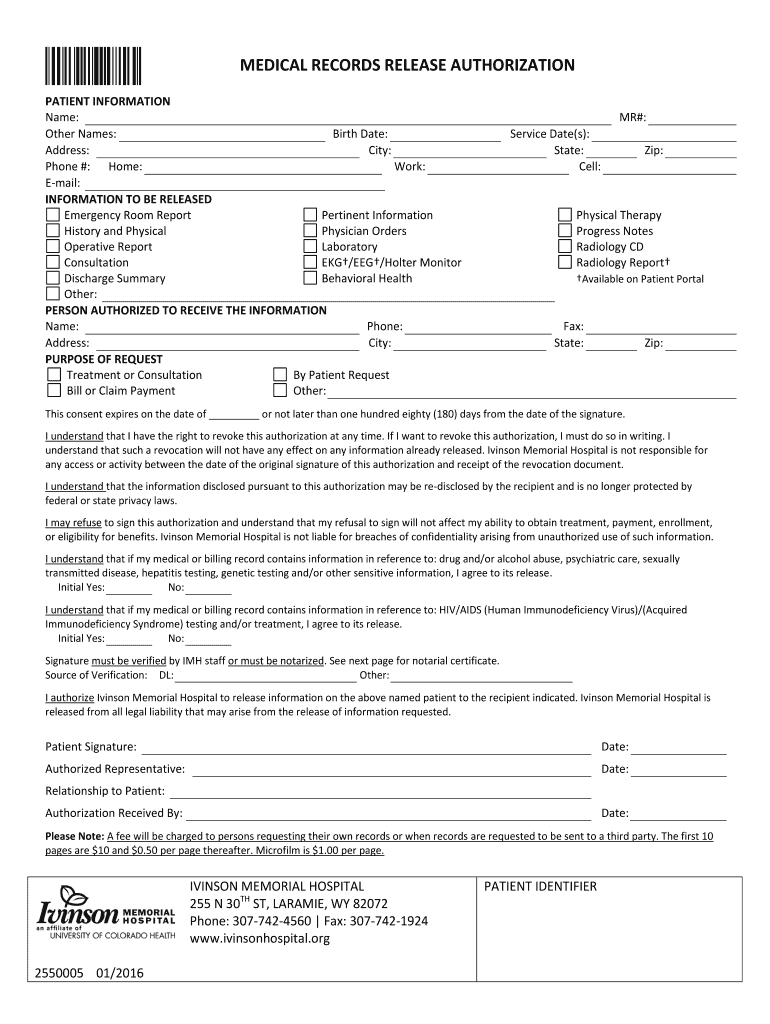  Medical Records Release  Ivinson Memorial Hospital  Ivinsonhospital 2016-2024