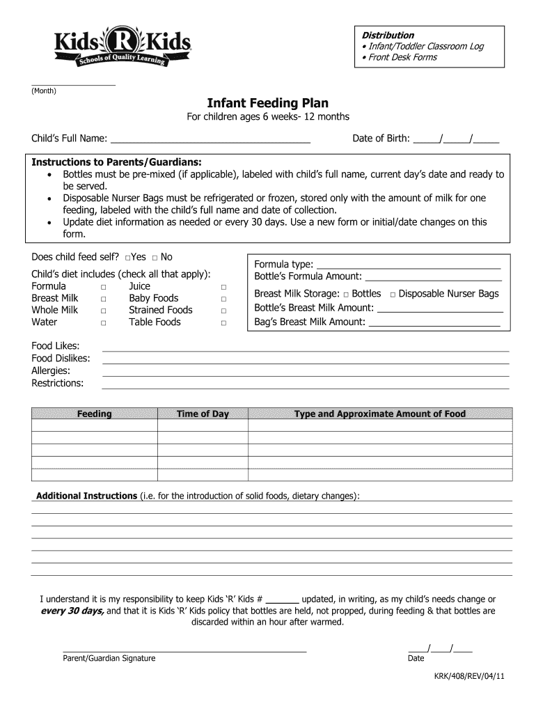 Month Infant Feeding Plan Learning Academy  Form