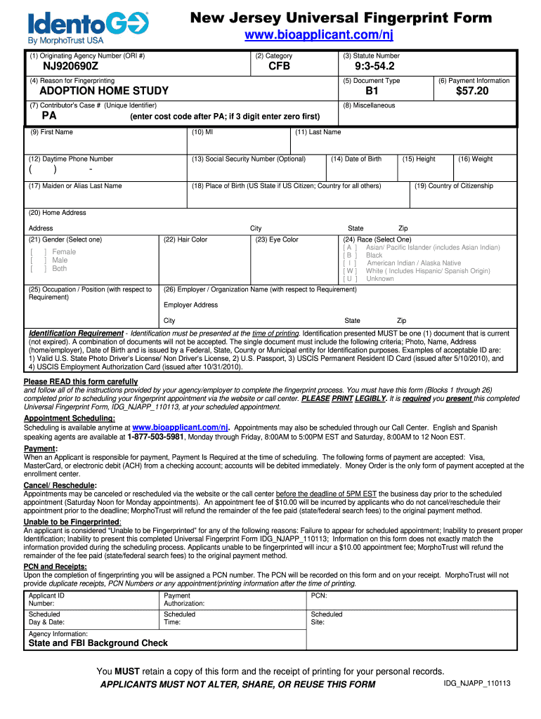  New Jersey Universal Fingerprint Form  Madison Adoption 2013