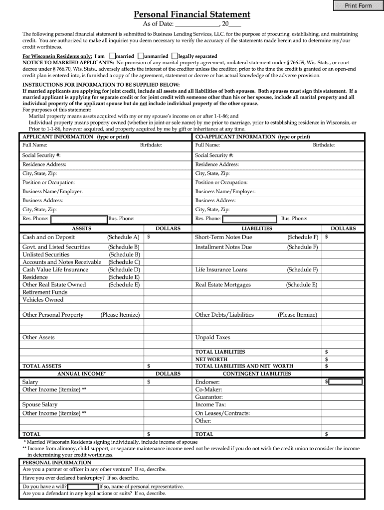 Personal Financial Statement Fortcommunitycom  Form