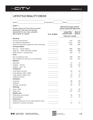 Lifestyle Reality Check Module 2 Ontario Financial Life Skills Course  Form