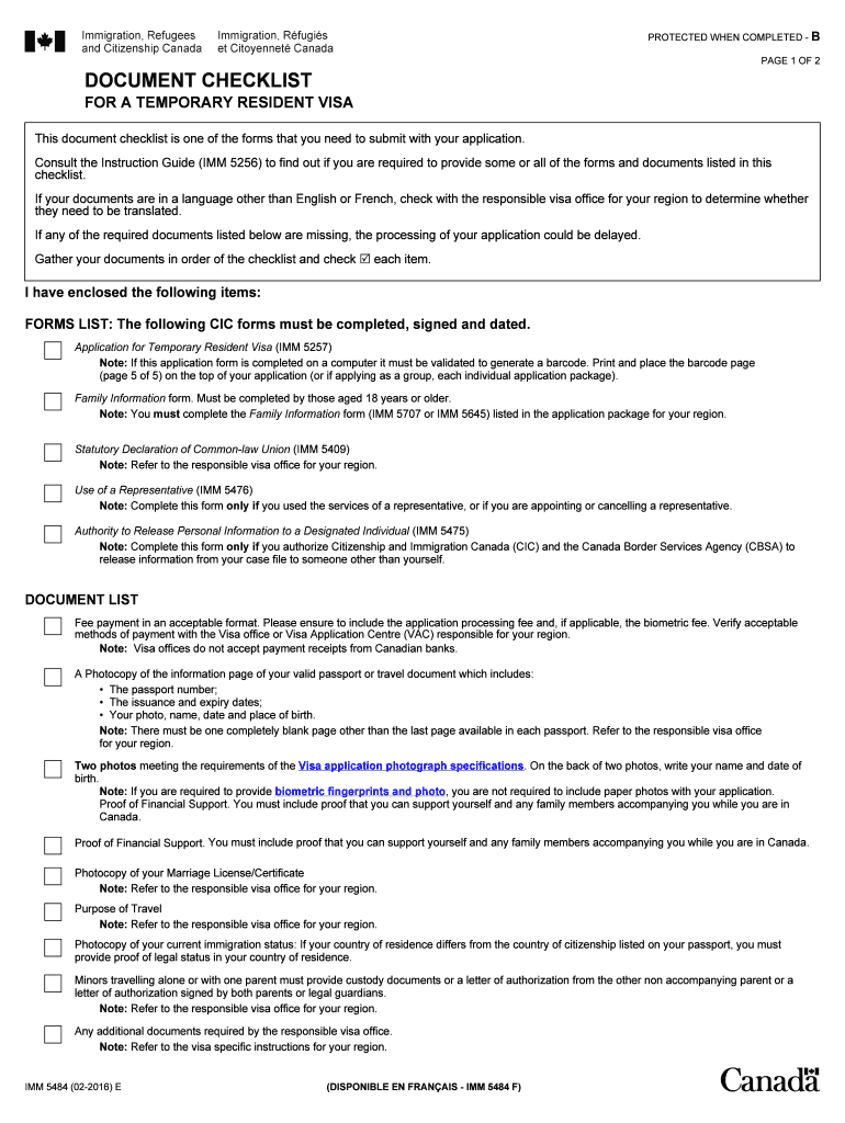  IMM 5484 E Document Checklist  for a Temporary Resident  Cic Gc 2016