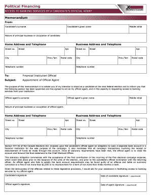 Political Financing ACCESS to BANKING SERVICES by a CANDIDATES OFFICIAL AGENT in Order to Facilitate Access to Banking Services   Form