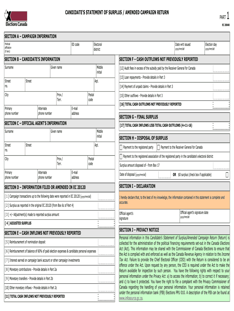  CANDIDATES STATEMENT of SURPLUS  Elections in Canada 2015