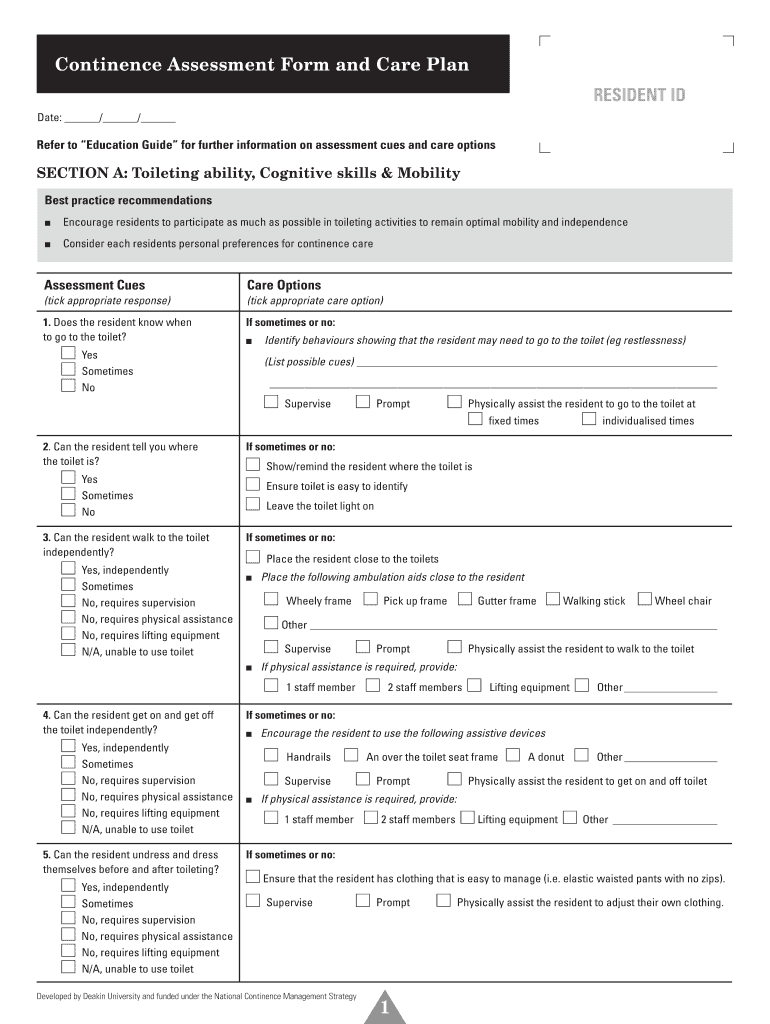 Continence Assessment Form and Care Plan