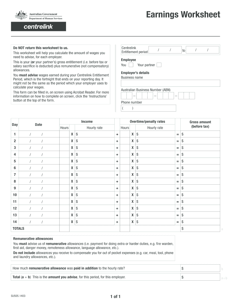 Centrelink Earnings Worksheet  Form