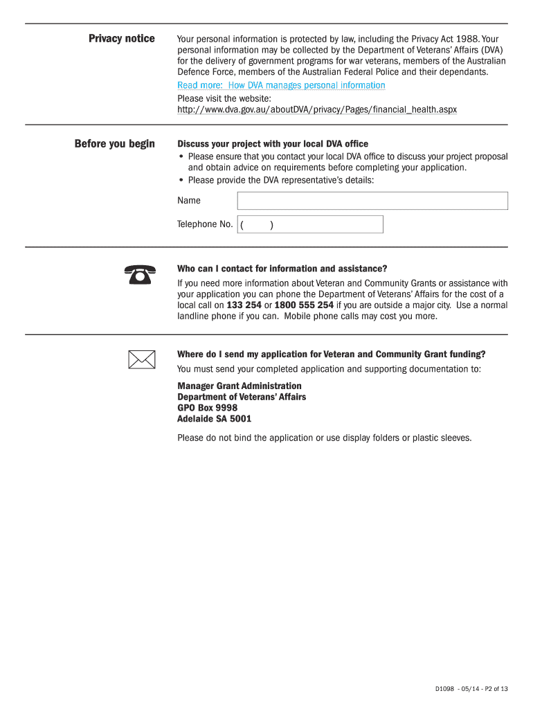D1098 Application for Veteran Communnity Grants VCG  Dva Gov  Form
