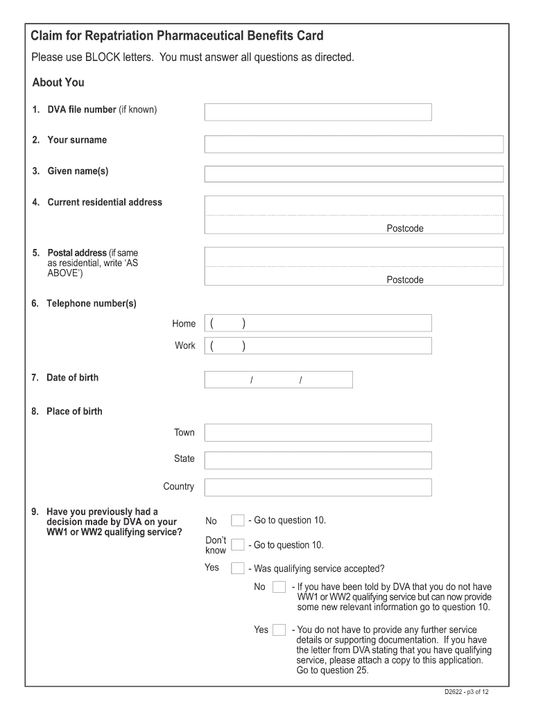 D2622 Claim for a Repatriation Pharmaceutical Benefits Card D2622 Claim for a Repatriation Pharmaceutical Benefits Card  Form