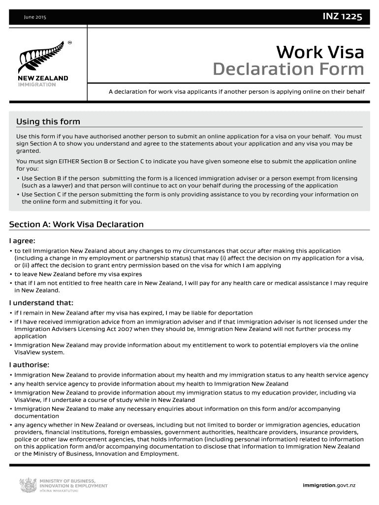  Work Visa Declaration Form Immigration New Zealand 2016