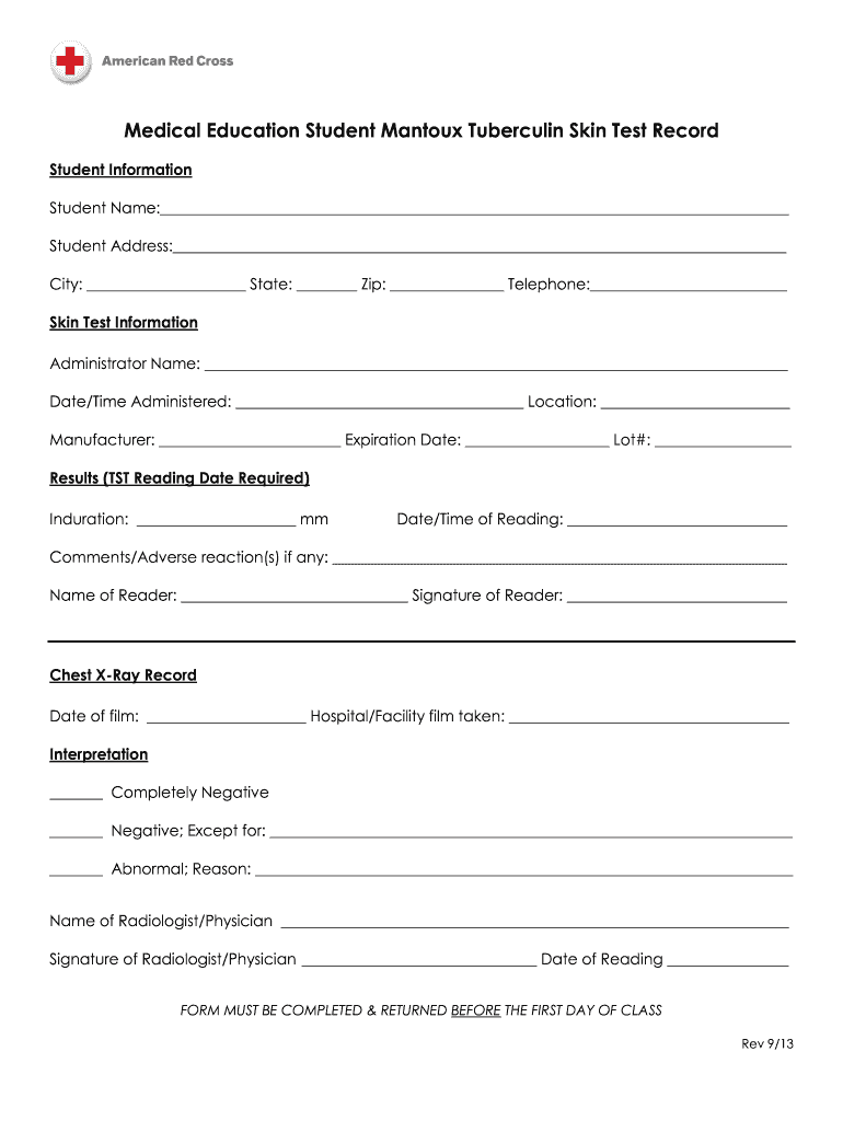 Medical Education Student Mantoux Tuberculin Skin Test Record Redcross  Form