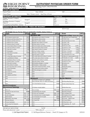 OUTPATIENT PHYSICIAN ORDER FORM High Point Regional