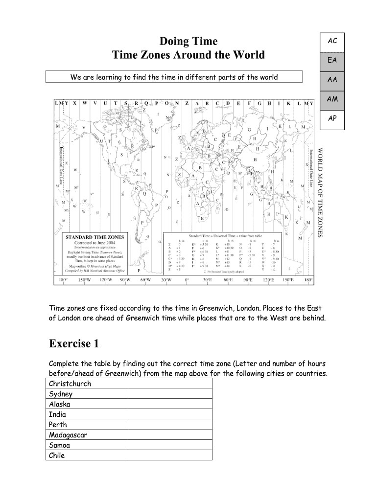 World Time Zone Table PDF  Form