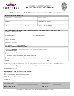 SURPRISE POLICE DEPARTMENT REQUEST for OFFICIAL POLICE REPORT  Form