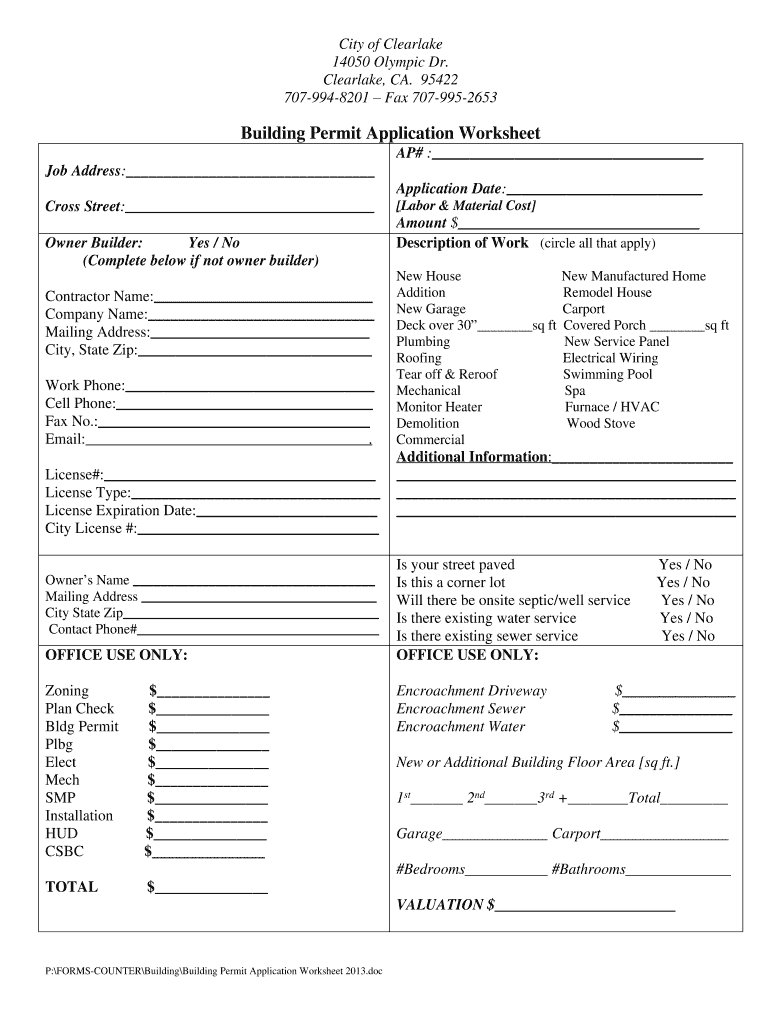  Bu Ilding Permit Application Worksheet Clearlake CA Clearlake Ca 2013-2024