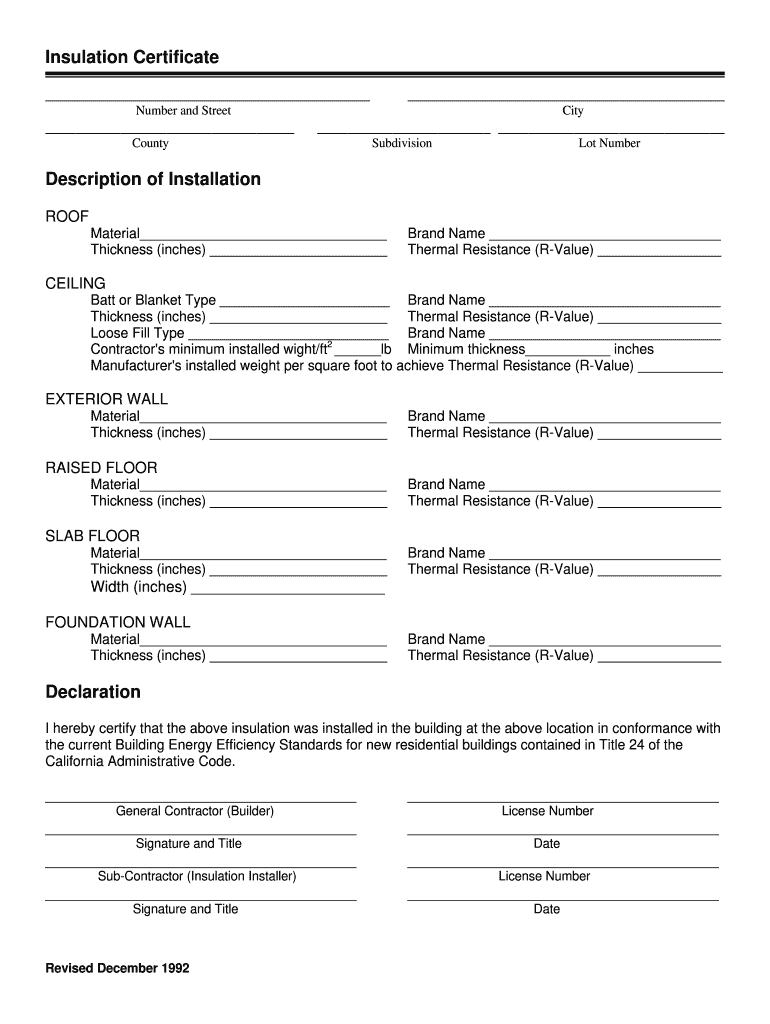 Insulation Certificate Description of Installation Cityofmissionviejo  Form