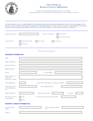 City of Pomona Business License  Form