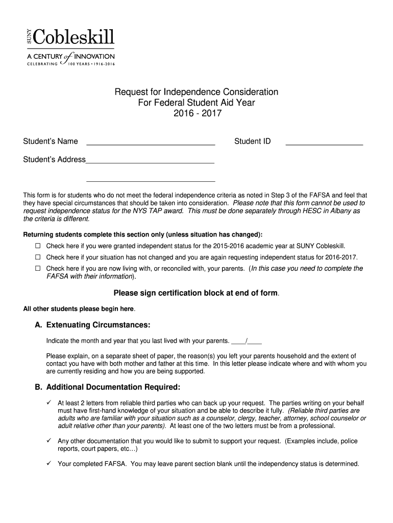 Get and Sign Request for Independence Consideration for Federal Student Cobleskill 2016-2022 Form