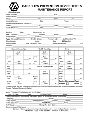 BACKFLOW PREVENTION DEVICE TEST MAINTENANCE REPORT Static Arvada  Form