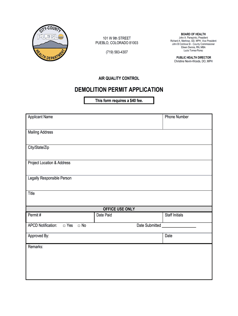 Get and Sign DEMOLITION PERMIT APPLICATION  Pueblo County Colorado  County Pueblo  Form