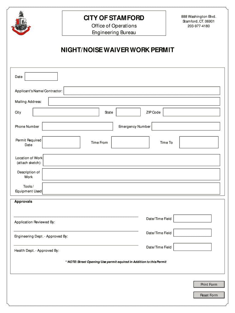 NIGHTNOISE WAIVER WORK PERMIT Stamford CT  Form
