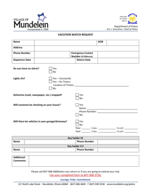VACATION WATCH REQUEST Mundelein Illinois Mundelein  Form