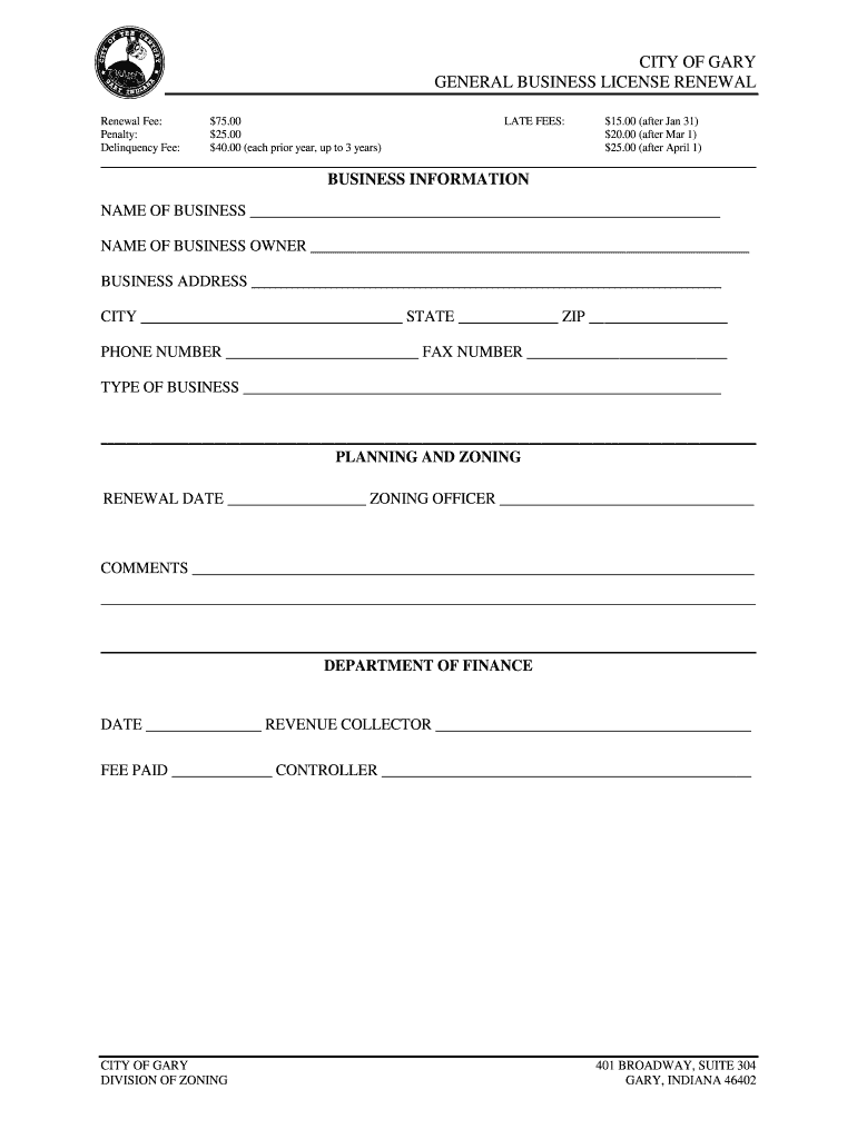 Gary Indiana Business License  Form