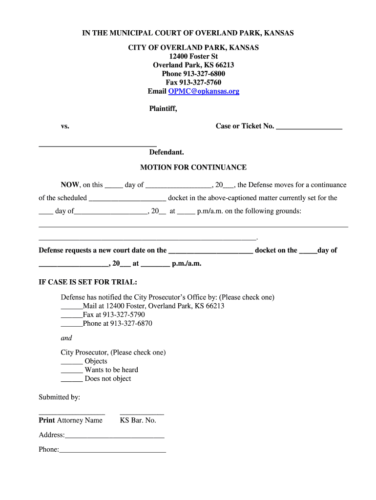 Request for Continuance City of Overland Park Kansas Opkansas  Form