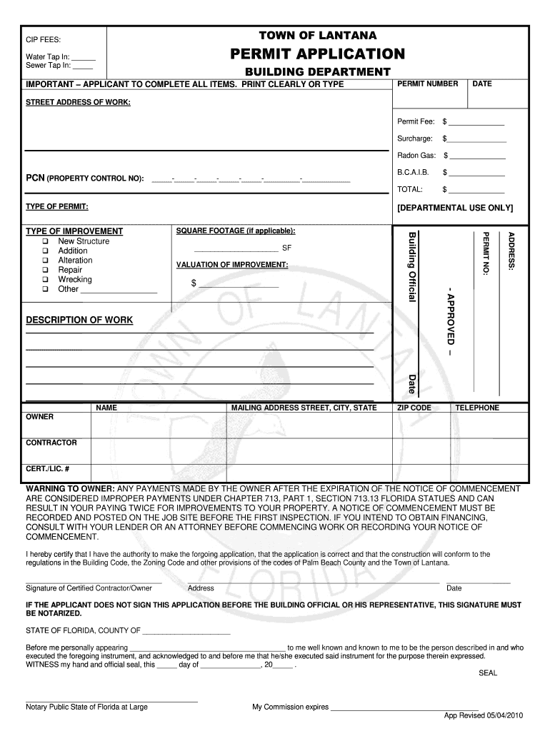 CIP FEES TOWN of LANTANA Water Tap in PERMIT APPLICATION Lantana  Form