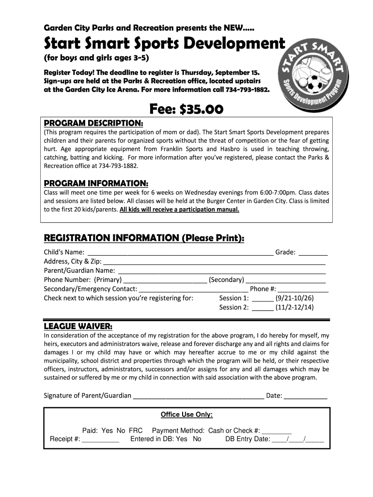 Start Smart Sports Development Registration Form Gardencitymi