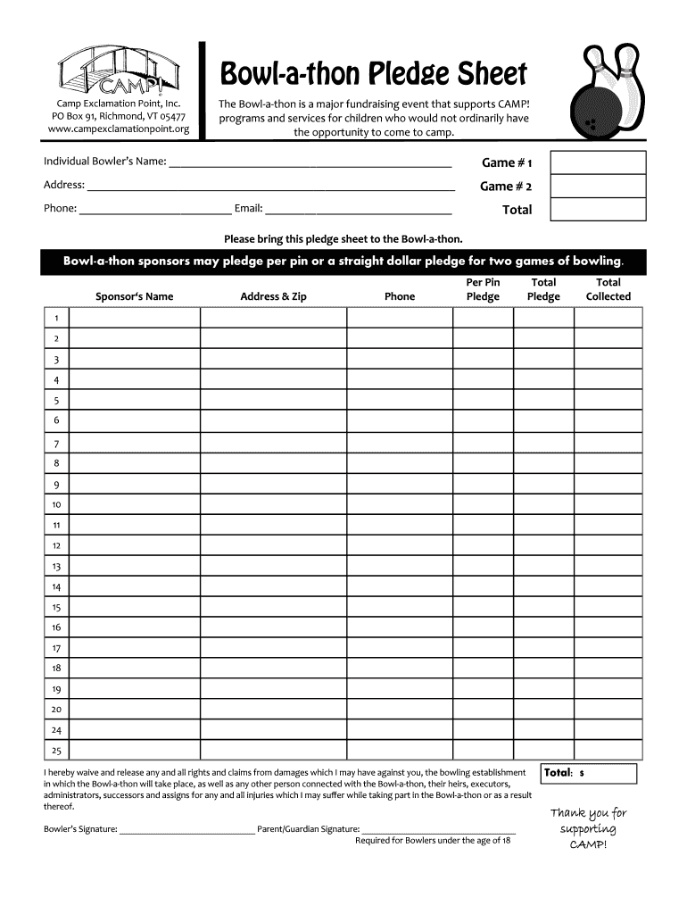 Bowl a Thon Pledge Sheet Camp Exclamation Campexclamationpoint  Form
