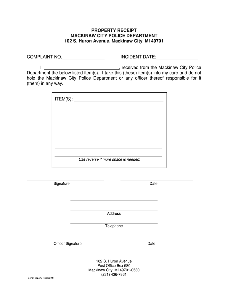 PROPERTY RECEIPT MACKINAW CITY POLICE DEPARTMENT 102 S Mackinawcity  Form