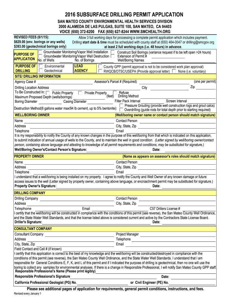  B2016b Subsurface Drilling Bpermitb Application  San Mateo County Bb  Smchealth 2016-2024