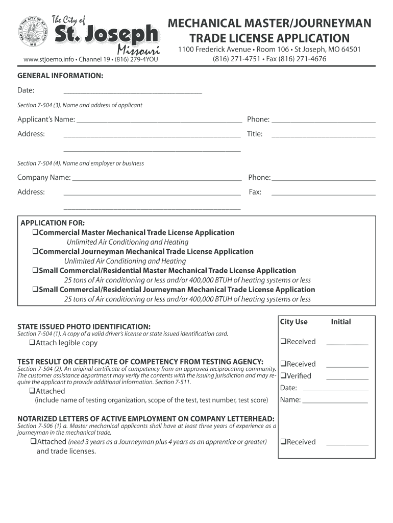 Mechanical Master Journeyman Trade License Application  Form