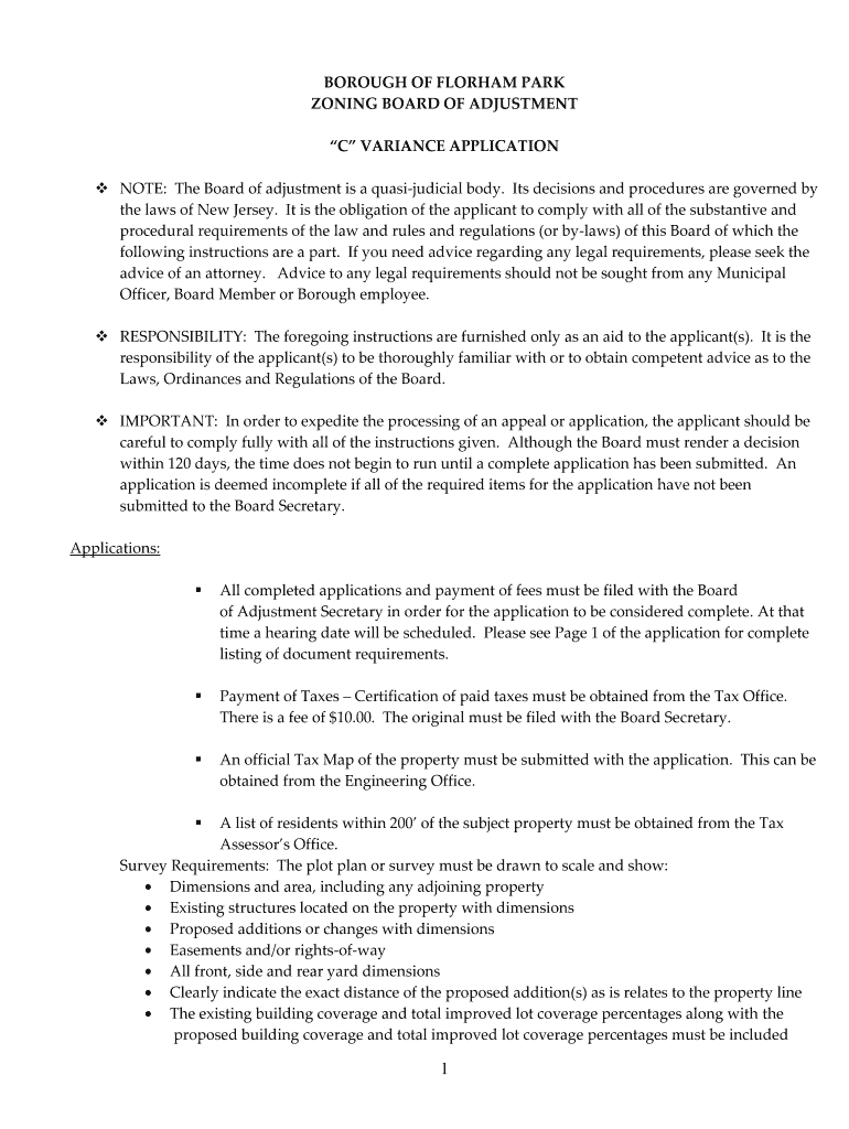 Zoning Board of Adjustment Fee Schedule  Florham Park  Florhamparkboro  Form