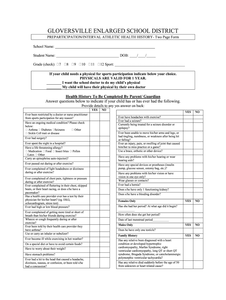 Gloversville Health History Form