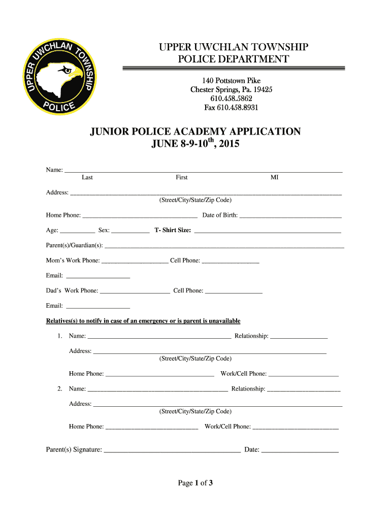 Jr Police Academy Application Upper Uwchlan Township  Form