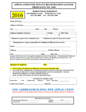  Tenant Registration Application Boro Dormont Pa 2016
