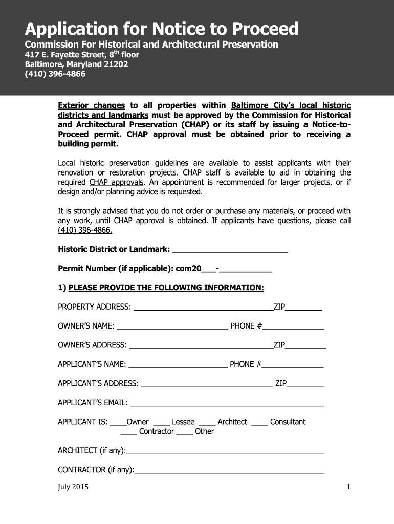  Application for Notice to Proceed Permit  City of Baltimore 2015-2024