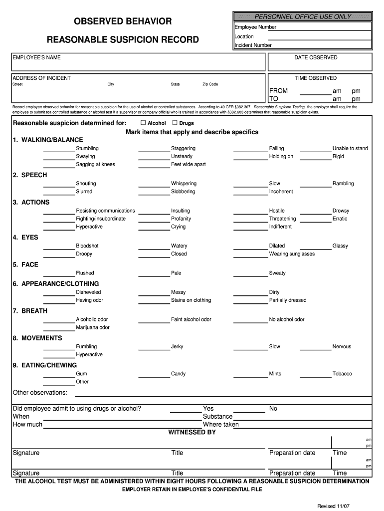 OBSERVED BEHAVIOR PERSONNEL OFFICE USE ONLY Bellefourche  Form