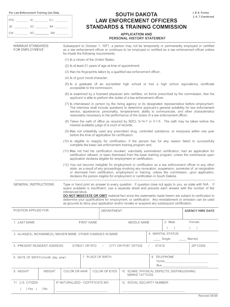  SOUTH DAKOTA LES Forms FPC ID D L LAW ENFORCEMENT 2008