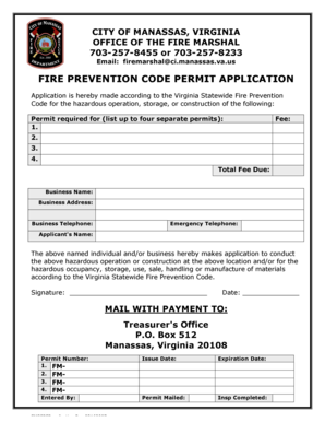 FIRE PREVENTION CODE PERMIT APPLICATION Manassascity  Form