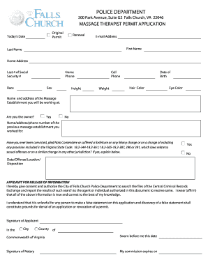 MASSAGE THERAPIST PERMIT APPLICATION POLICE DEPARTMENT  Form