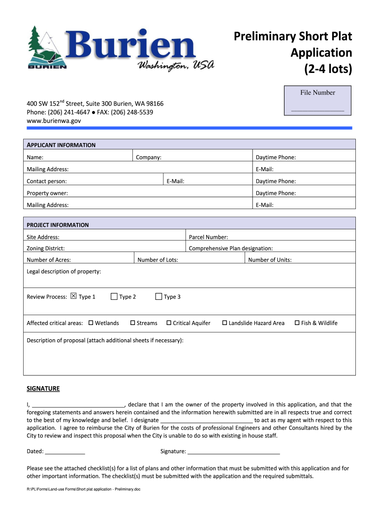 Preliminary Short Plat Application 2 4 Lots  Form