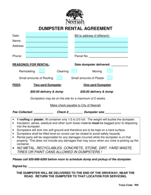 Dumpster Rental Agreement  Form