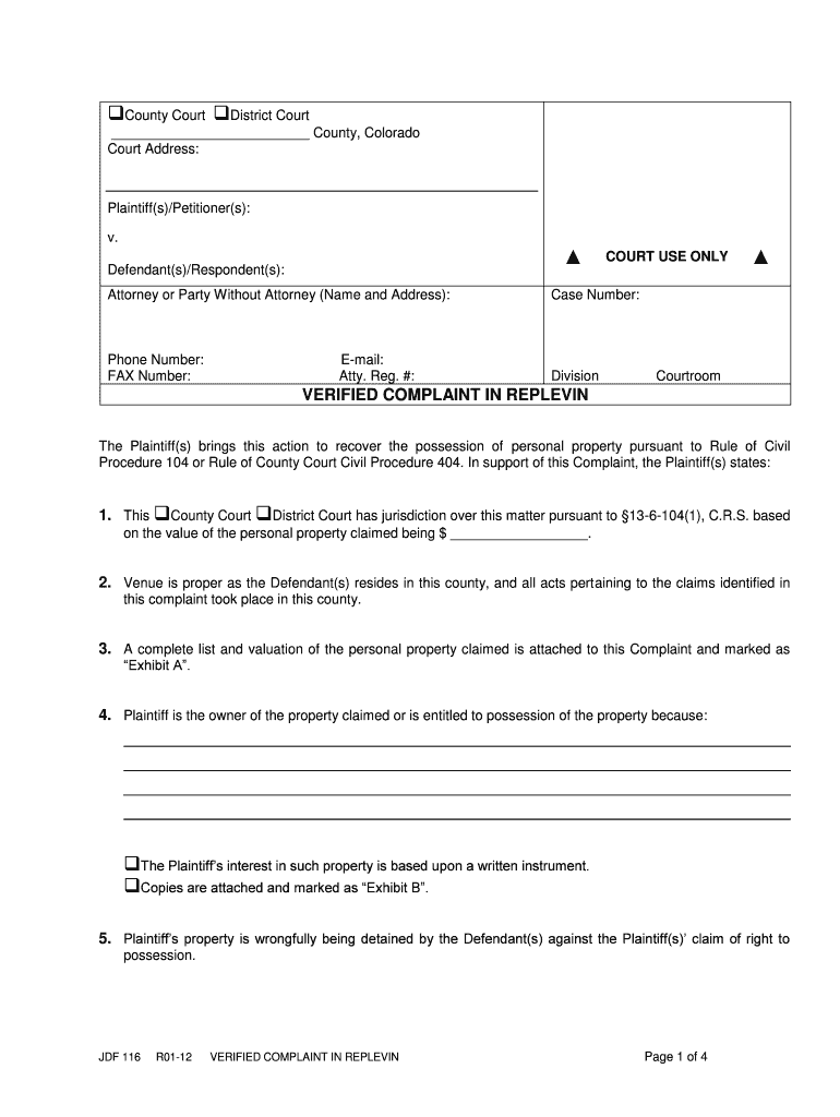  Division Courtroom VERIFIED COMPLAINT in REPLEVIN Courts State Co 2012-2024