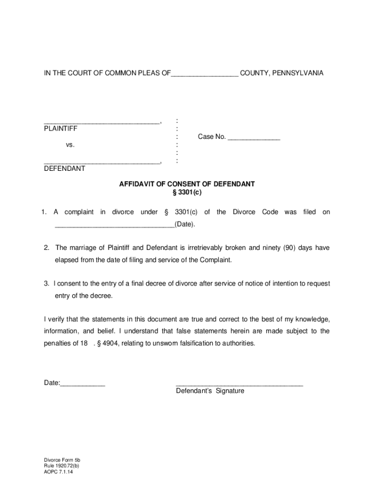 Pa Affidavit Consent Divorce  Form