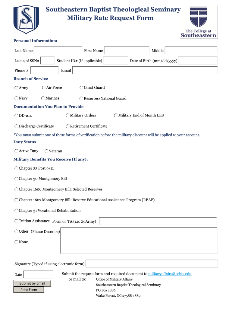Southeastern Baptist Theological Seminary Military Rate  Form